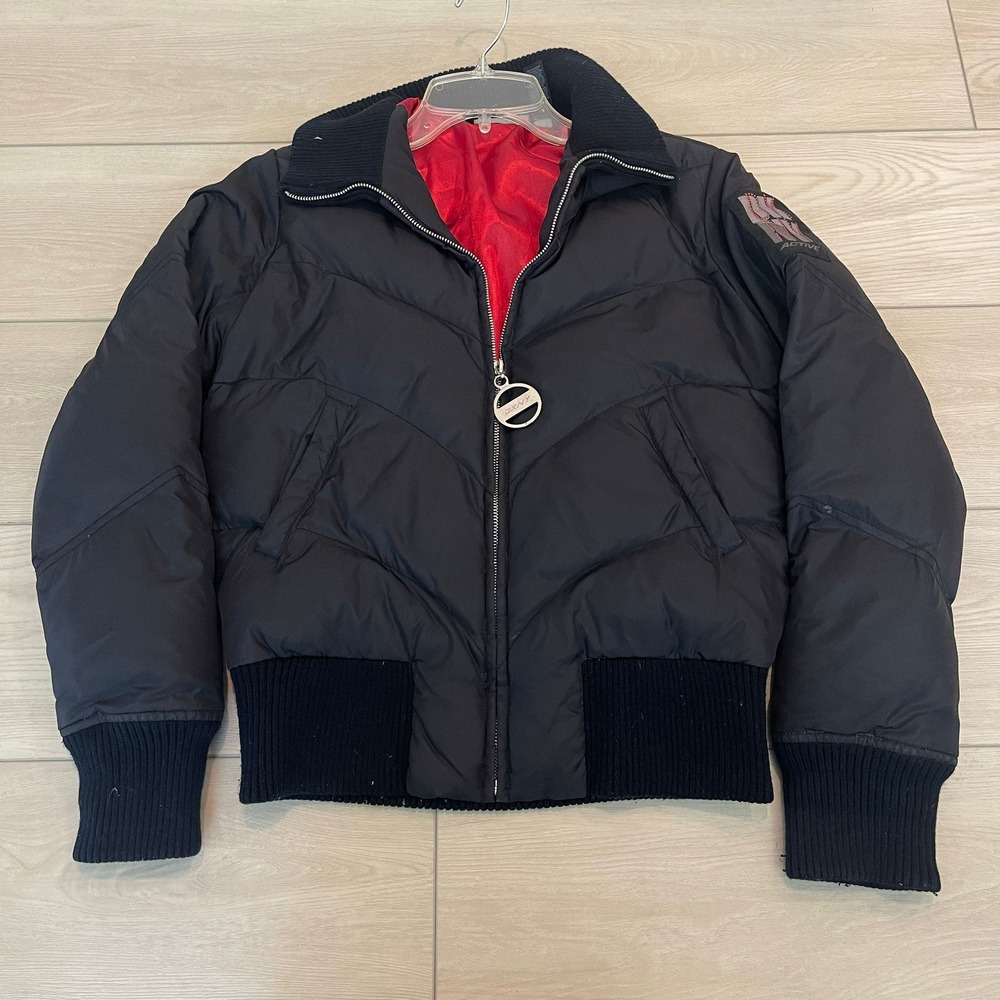 DKNY Y2k Active Puffer Bomber‎ Jacket Women's Small Black Quilted Red Lined
